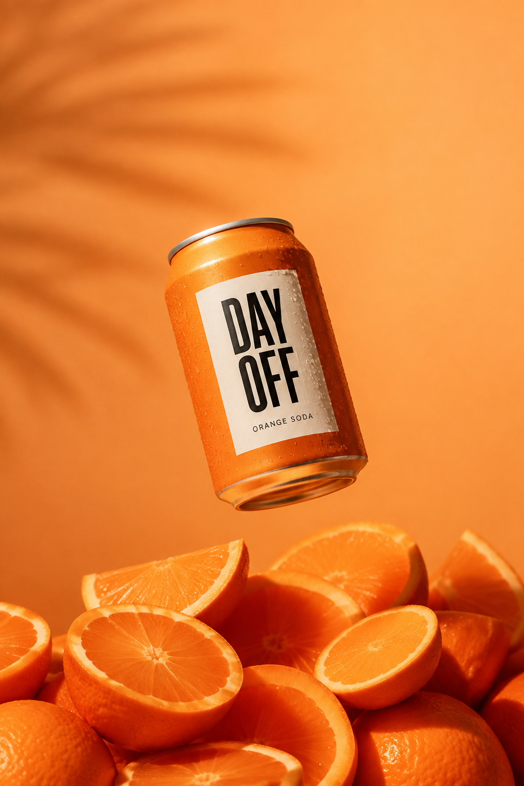 Day Off orange soda floating above fresh orange slices