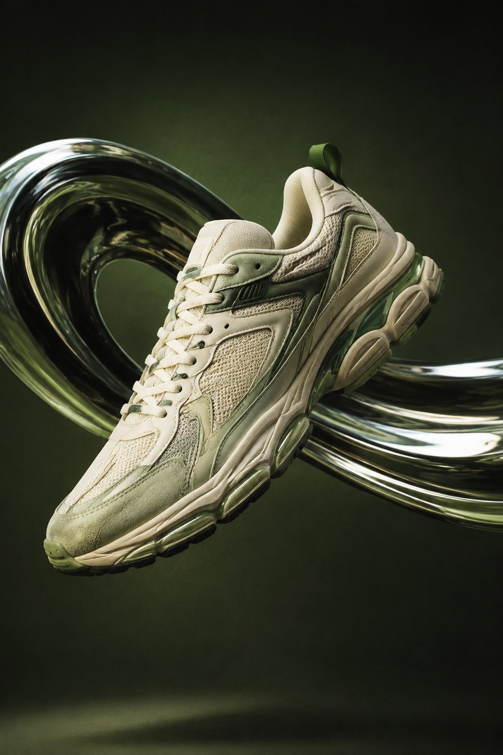 Sculptural cream and green sneaker floating in an emerald studio